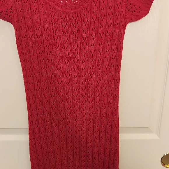 VTG MODA INT'L Red Knit Short Sleeve Scalloped Neckline Midi Dress Size S - Picture 7 of 15